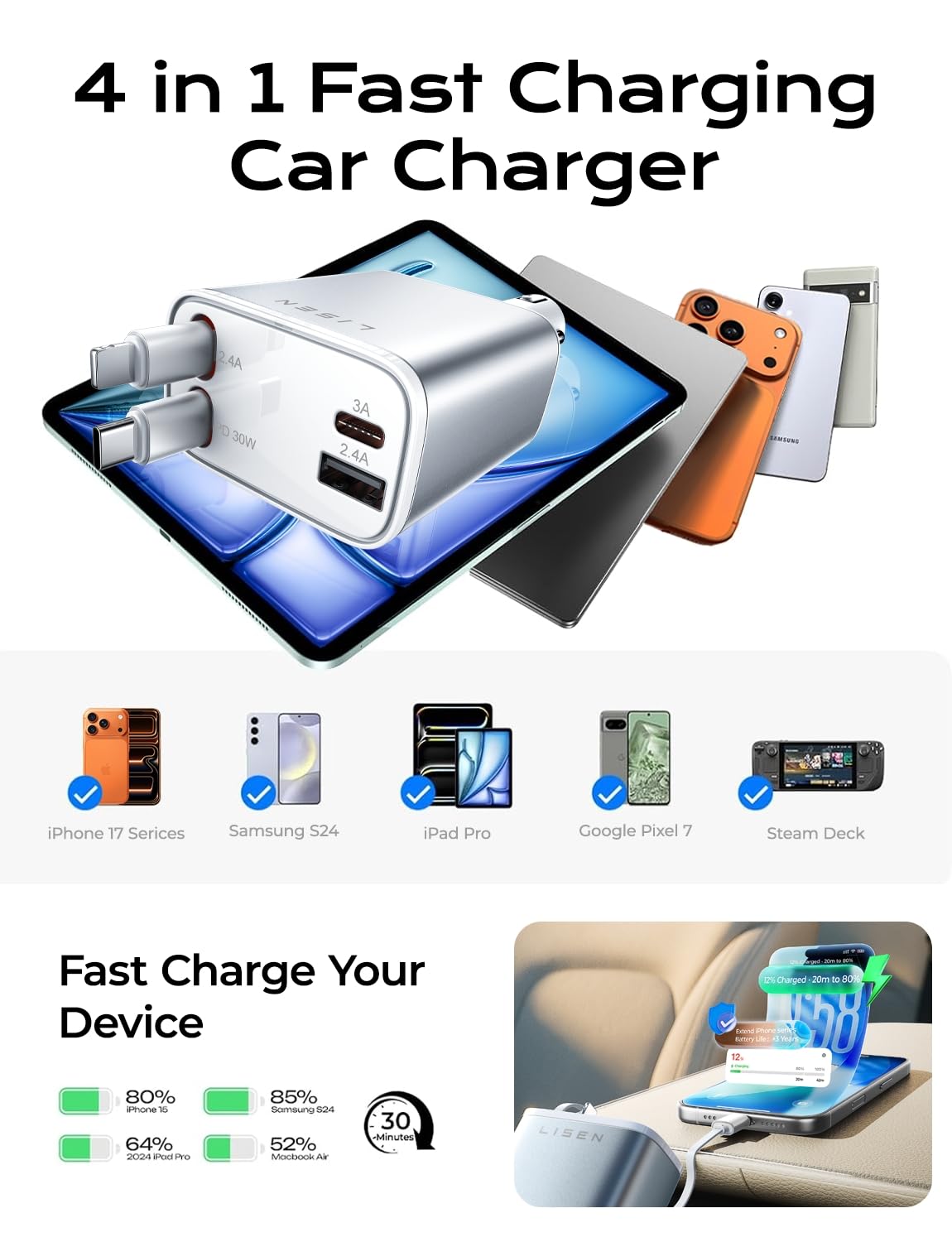 LISEN Retractable Car Charger, Gifts for Men Women, 69W Cars Adapter USB C Fast Charger for iPhoen 17, Car Accessories for Men Women, Gifts for Dad Mom, for iPhone 17 Pro Max Air 16 15 14 13 12 Plus