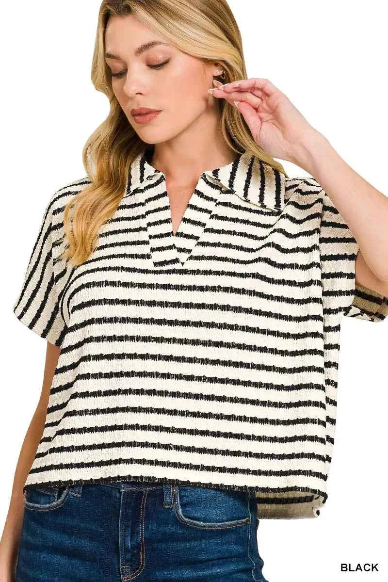 Zenana Striped Split Neck Collared Top
