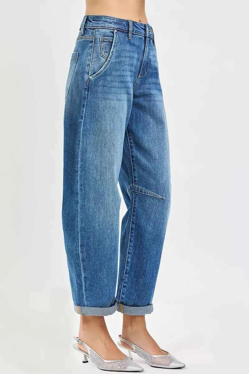 RISEN Slouchy Cropped Barrel Jeans With Cuffed Hem