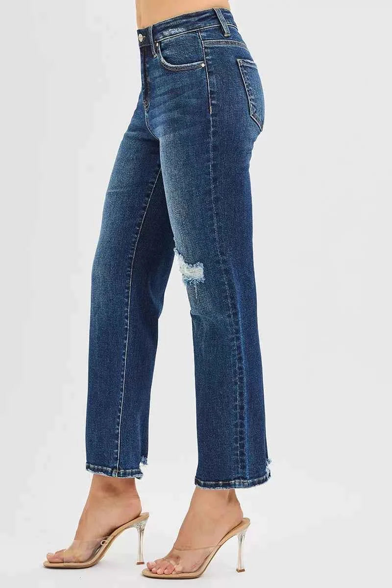 RISEN High Rise Crop Slim Straight Jenas with Hidden Knee Patch