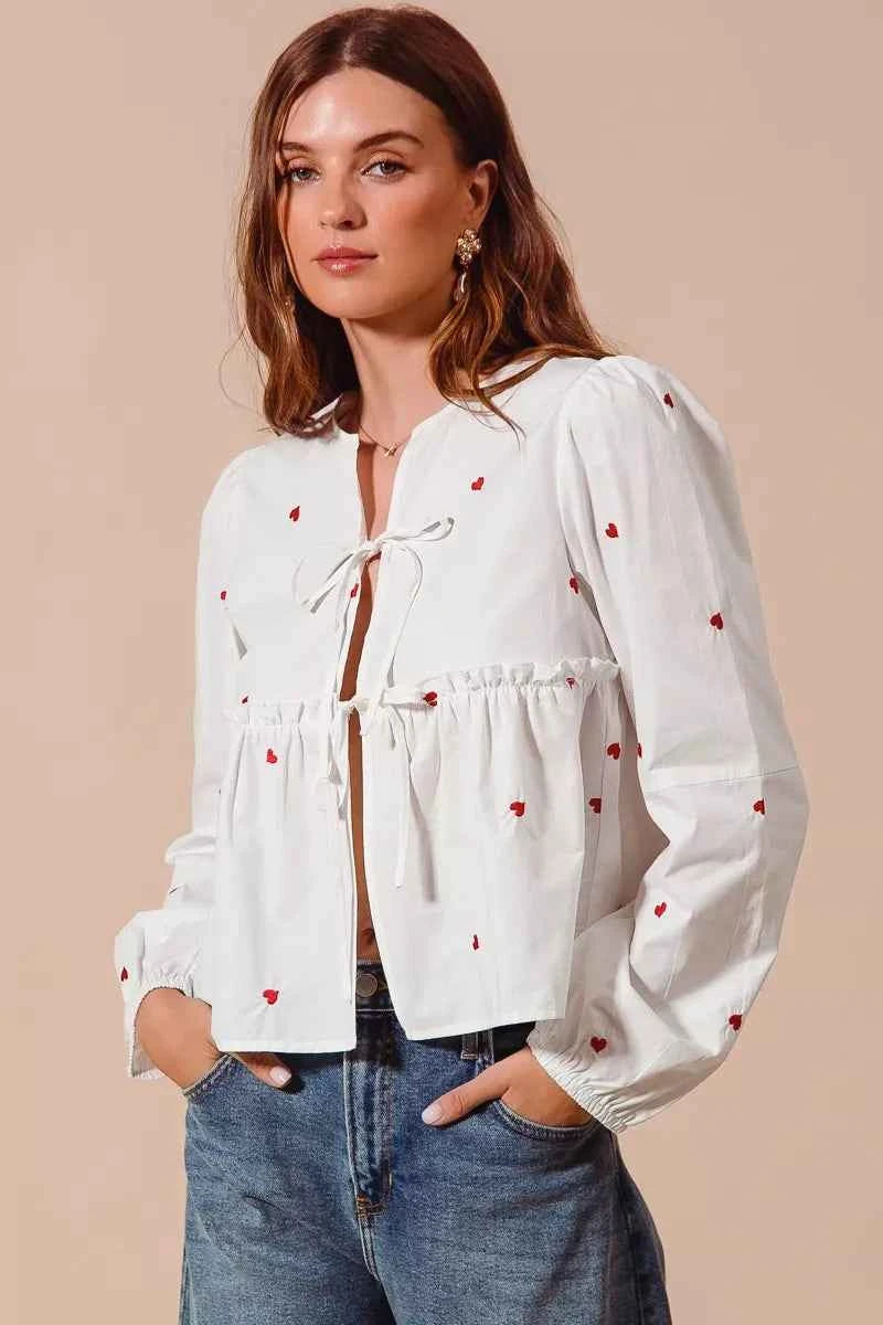 SO ME Front Tie Heart Embroidered Blouse With Puff Sleeve