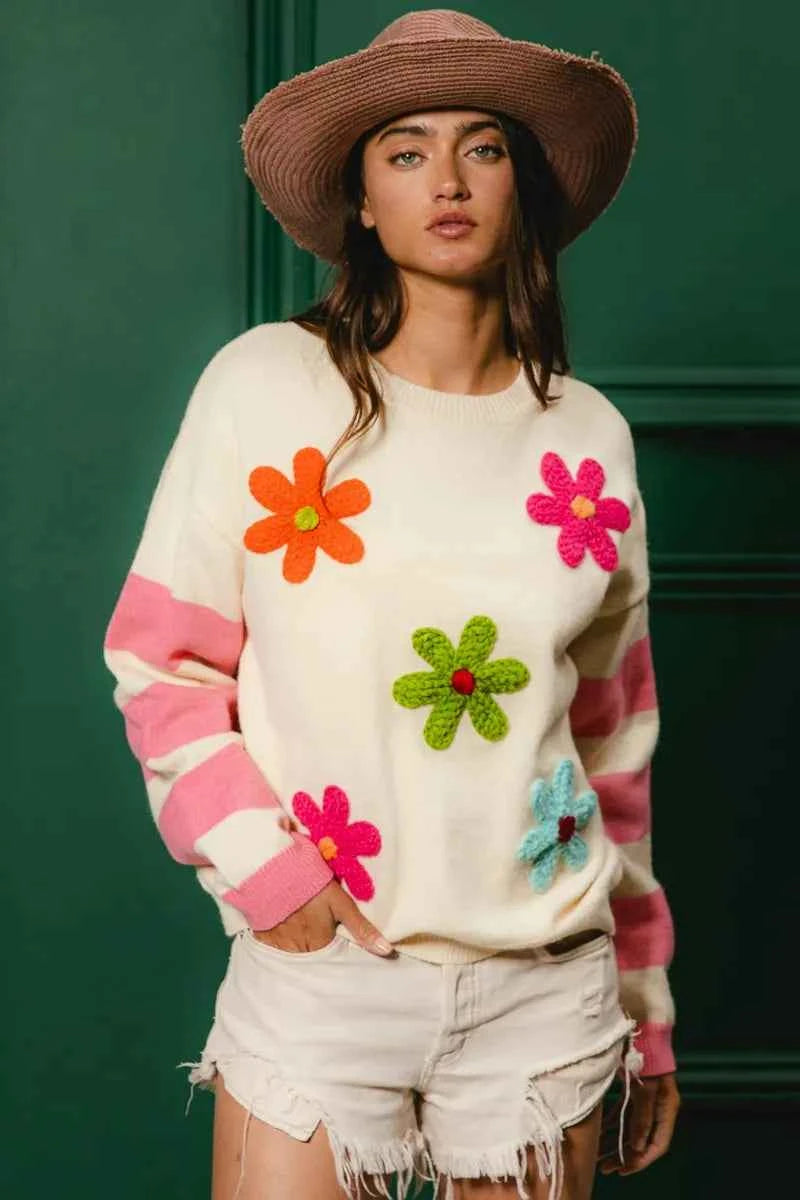 BiBi Colorful Floral Patched Sweater with Striped Sleeve
