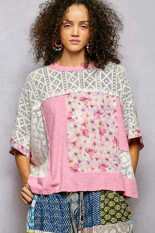 POL Floral Patchwork Lace Accent Blouse