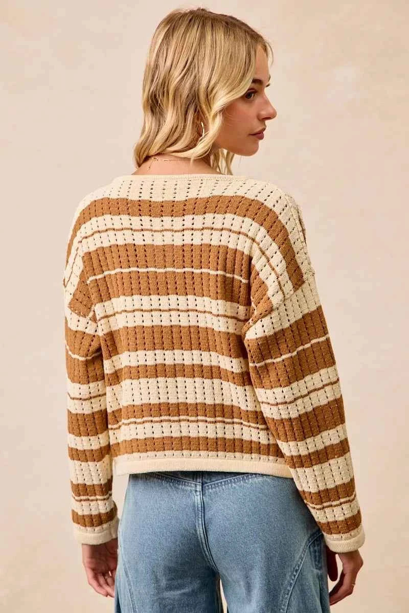 BiBi Striped Open Knit Sweater Top with Front Braided Detail