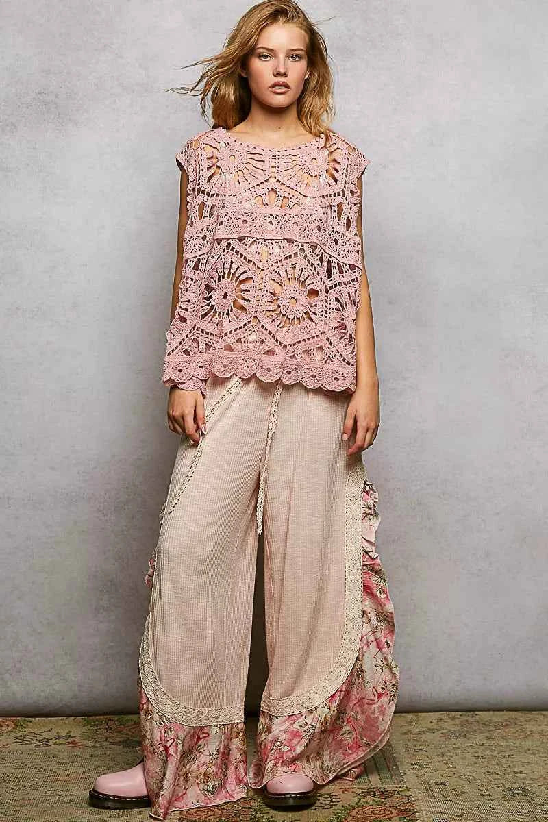 POL Openwork Round Neck Floral Crochet Tank