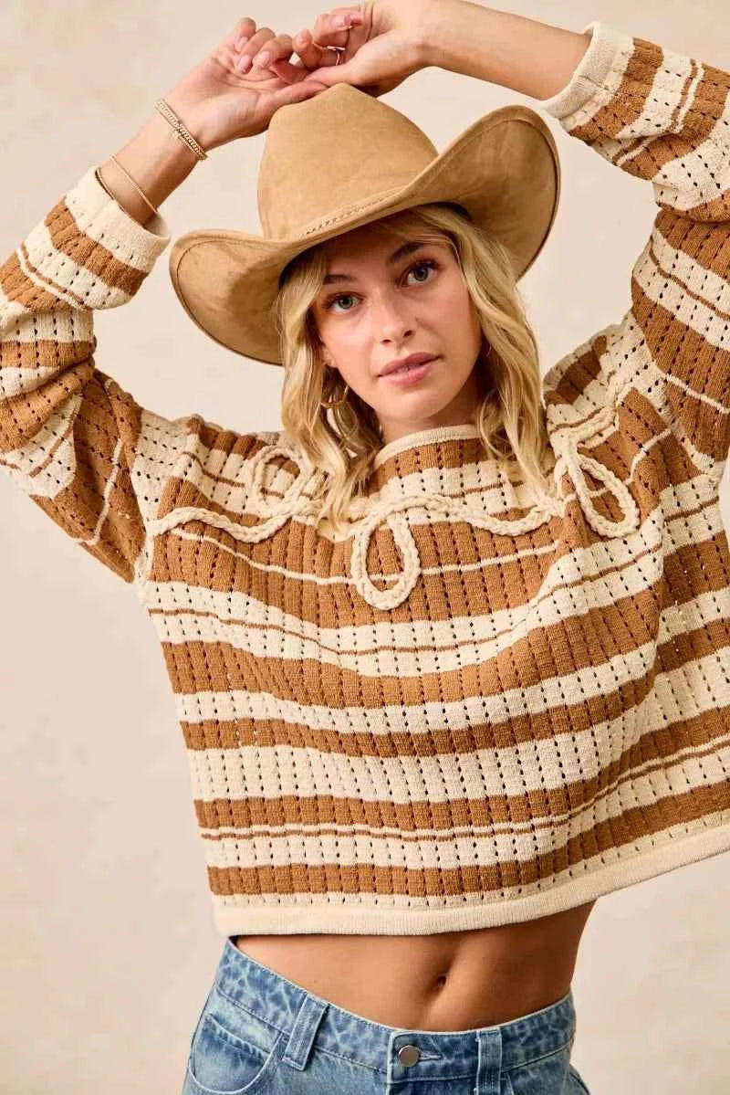 BiBi Striped Open Knit Sweater Top with Front Braided Detail