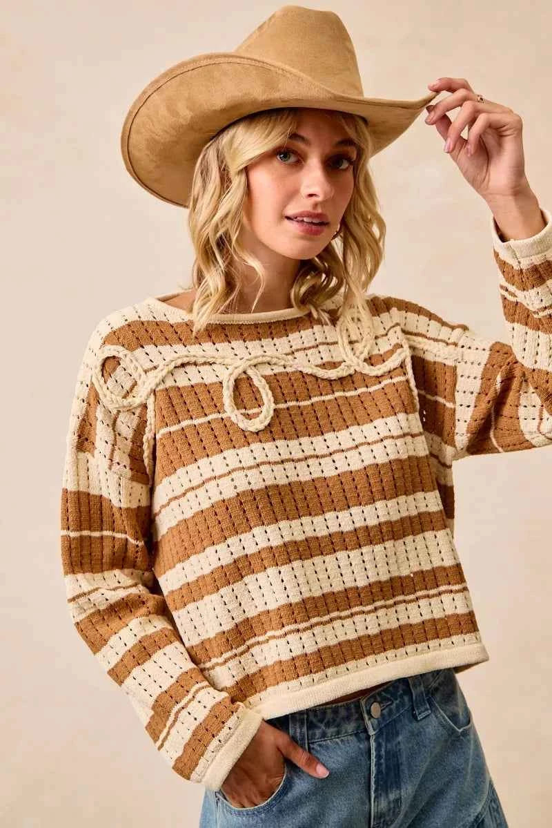 BiBi Striped Open Knit Sweater Top with Front Braided Detail