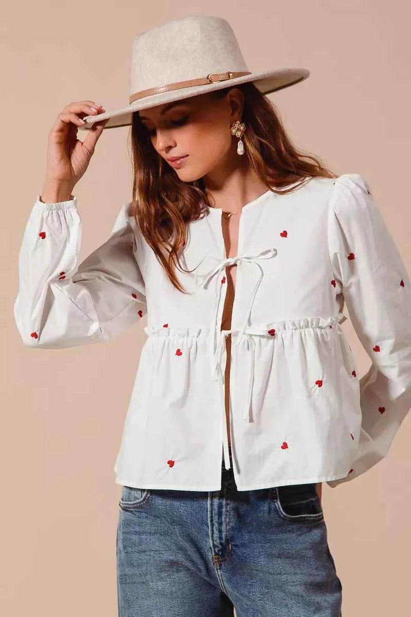 SO ME Front Tie Heart Embroidered Blouse With Puff Sleeve