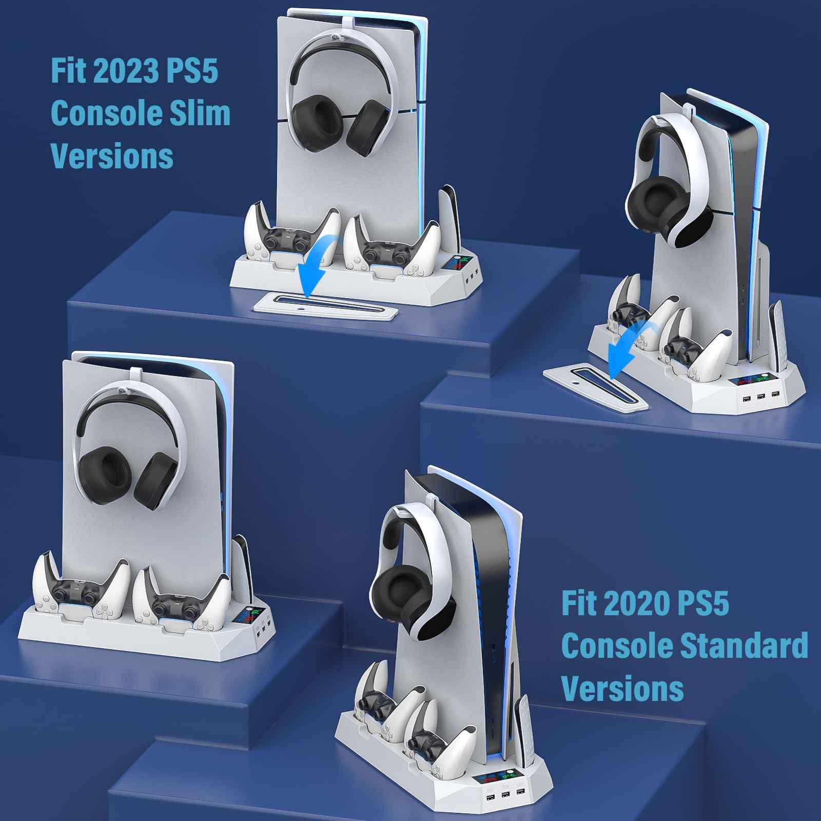 PS5/PS5 Slim/PS5 Pro Stand and Cooling Station with Dual Controller Charging Station for PlayStation 5 Console, PS5 Accessories Incl. Controller Charger, Cooling Fan, Headset Holder, 3 USB Hub, White