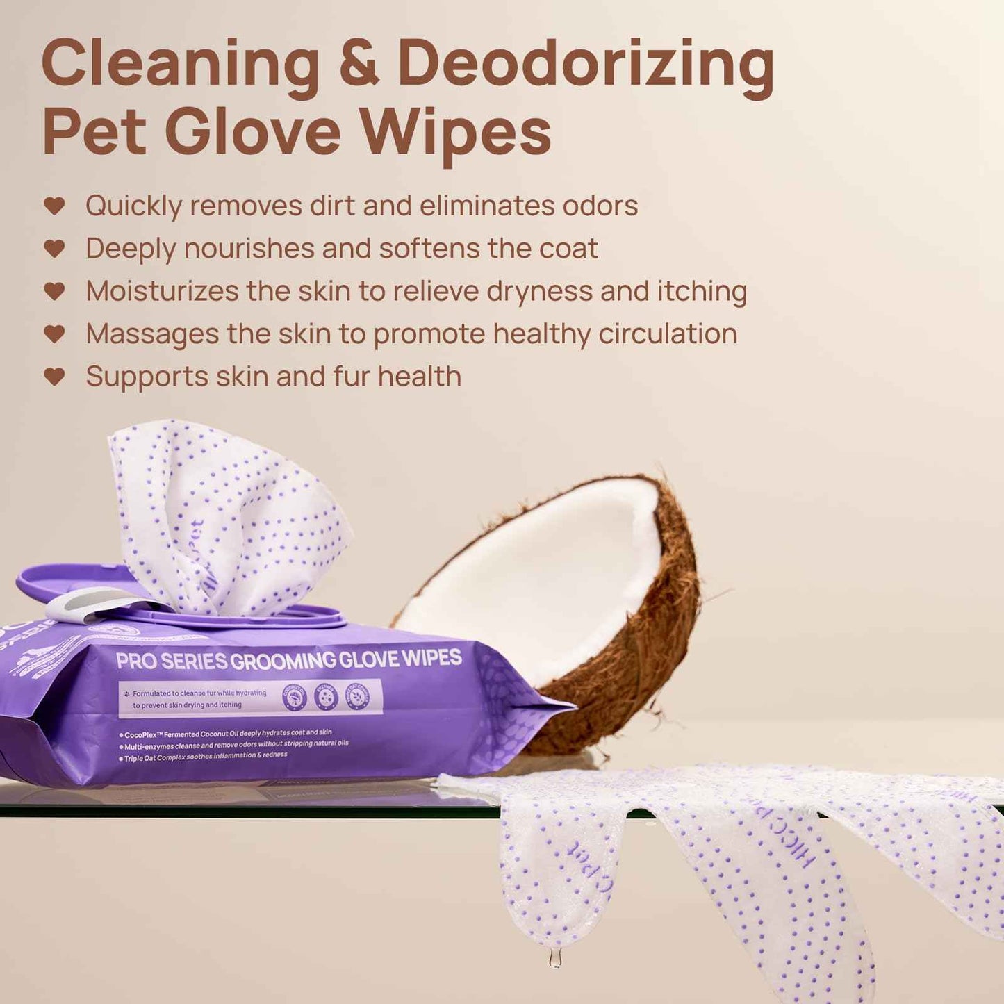 HICC PET Glove Wipes Pro – Pet Cleaning Gloves for Dogs & Cats – Infused with Coconut Oil & Plant Extracts – Hypoallergenic, Gentle, Spa-Like Care at Home