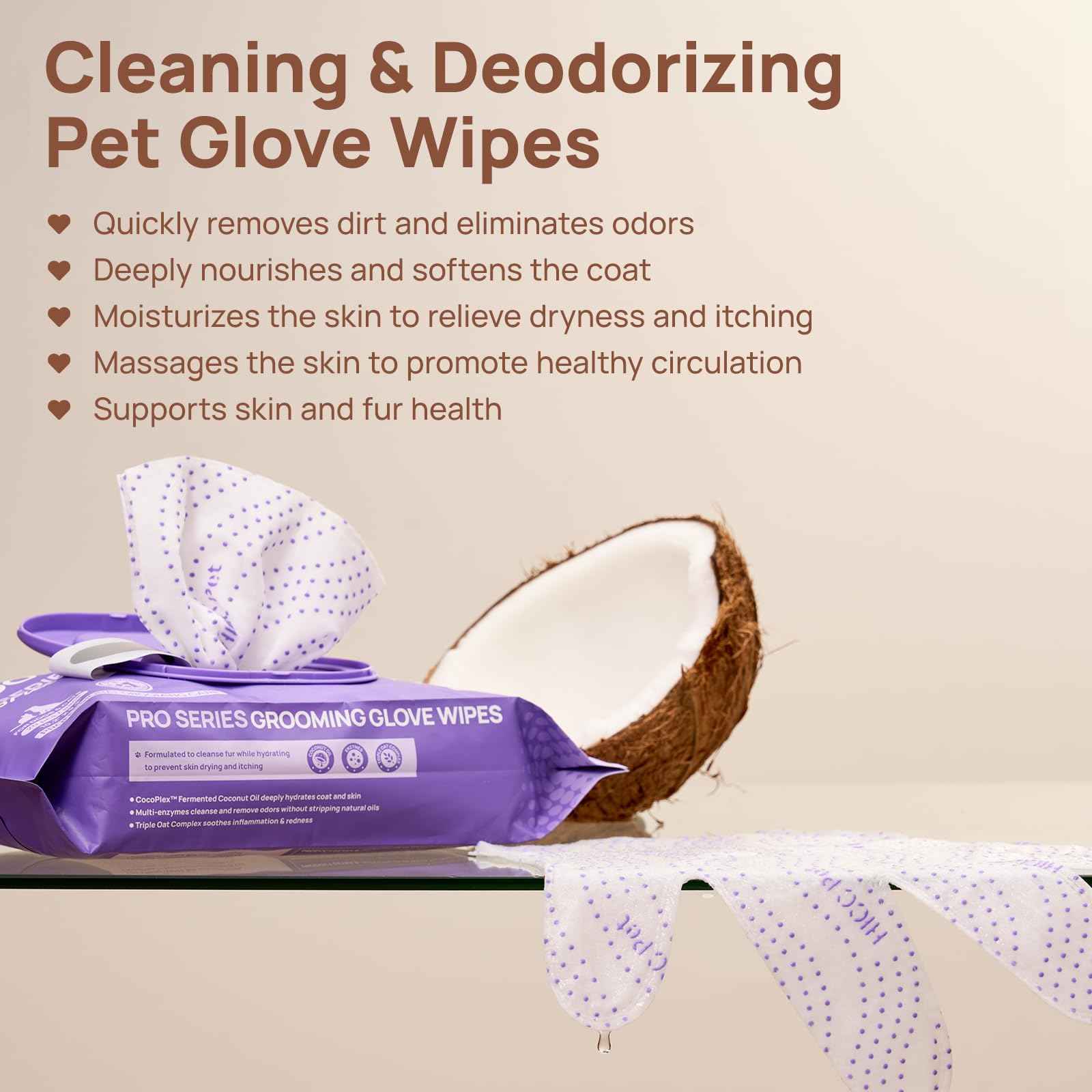 HICC PET Glove Wipes Pro – Pet Cleaning Gloves for Dogs & Cats – Infused with Coconut Oil & Plant Extracts – Hypoallergenic, Gentle, Spa-Like Care at Home