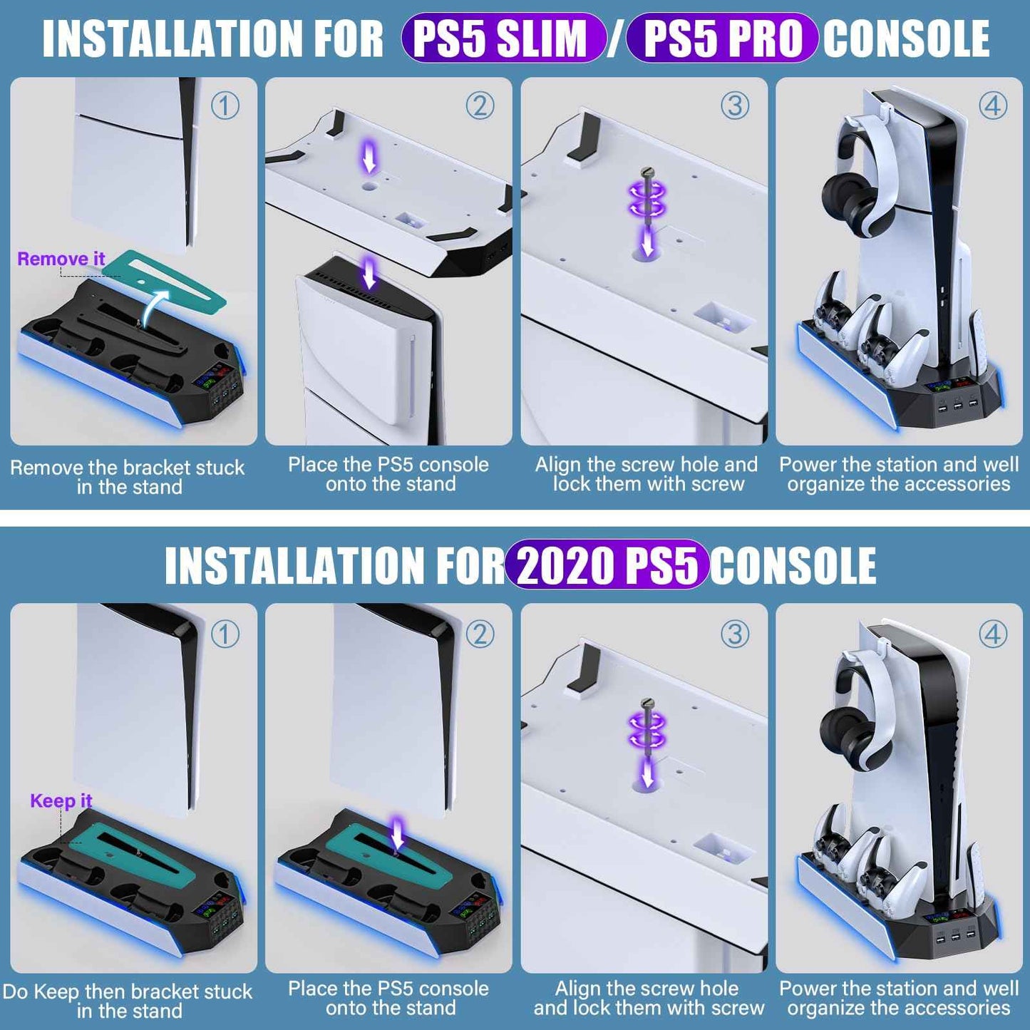PS5/PS5 Slim/PS5 Pro Stand and Cooling Station with Dual Controller Charging Station for PlayStation 5 Console, PS5 Accessories Incl. Controller Charger, Cooling Fan, Headset Holder, 3 USB Hub, White