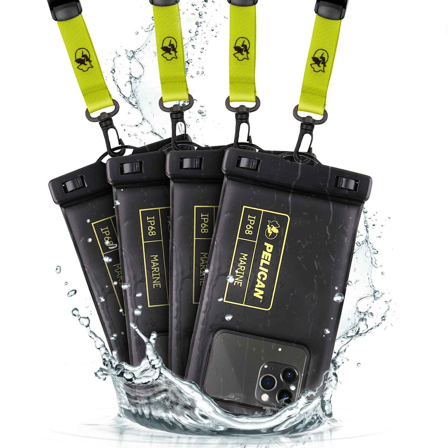 Pelican 2 Pack Marine - IP68 Waterproof Phone Pouch (Regular Size) Floating Waterproof Phone Case - Beach Cruise Ship Travel Essentials - Works w/All Phones - Detachable Lanyard - Black/Hi-Vis Yellow