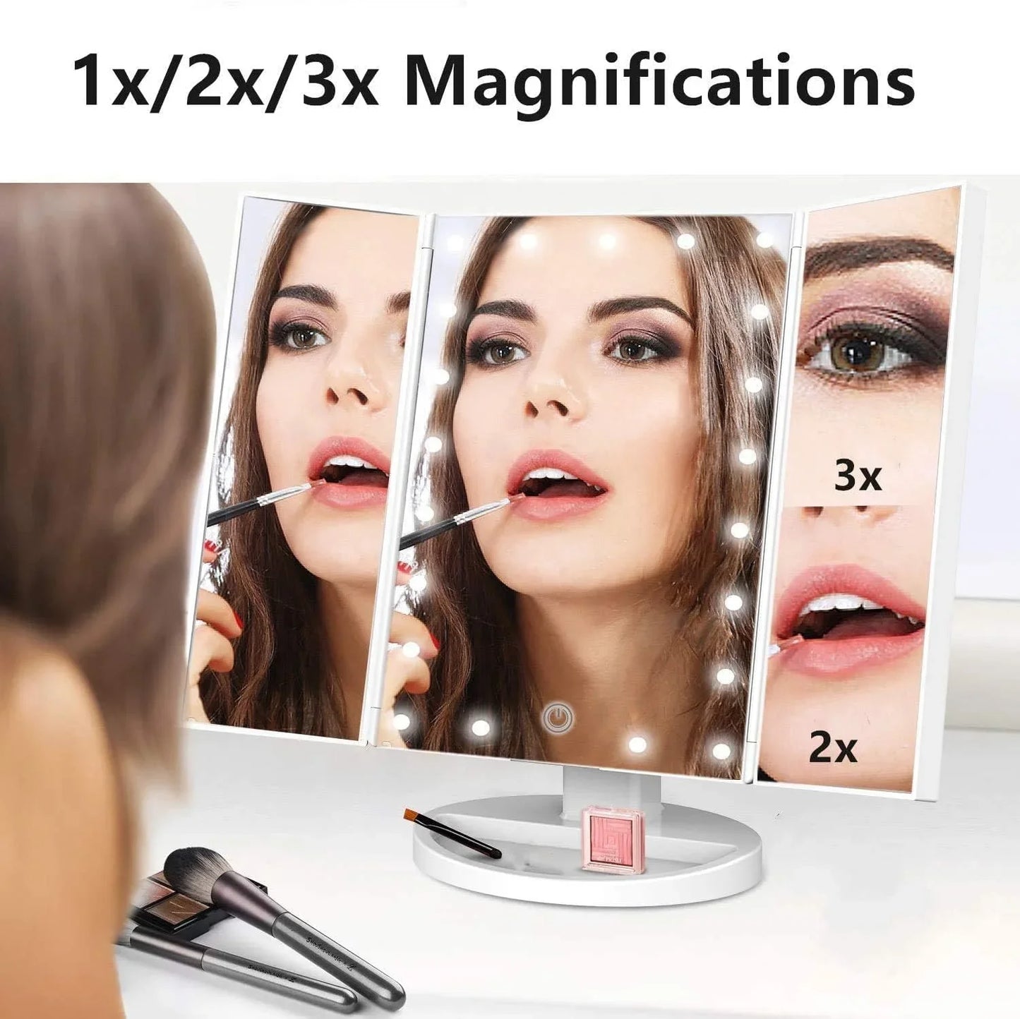 Trifold Makeup Mirror Vanity Mirror with Lights,1X 2X 3X Magnification,Touch Screen,180 Adjustable Rotation,Portable Travel Bathroom Cosmetic Mirror - Jlhbookstore.store