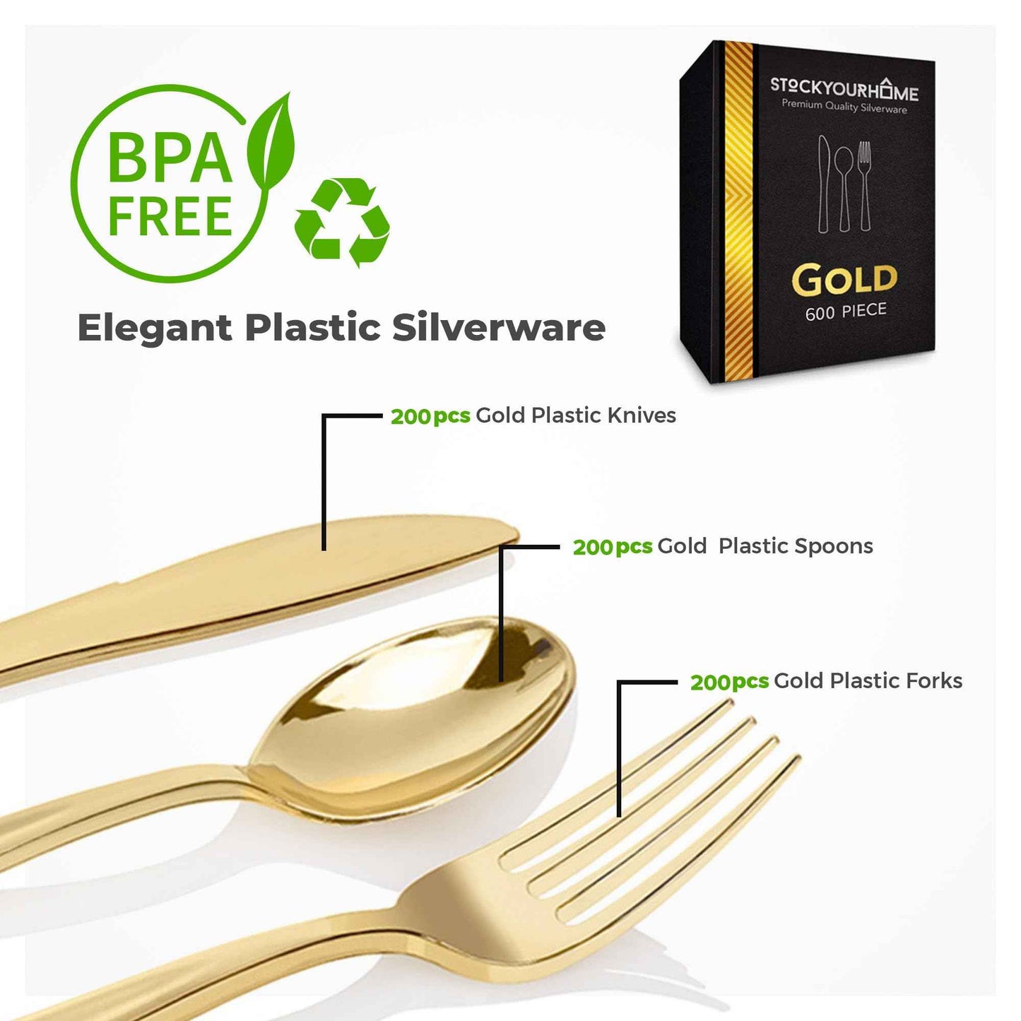 Gold Plastic Silverware Set (160 Bulk Pack) Disposable Cutlery Utensils, 80 Gold Forks, 40 Gold Knives, 40 Gold Spoons, Heavy Duty Flatware For Holidays, Parties, Dinners, Weddings, and Occasions