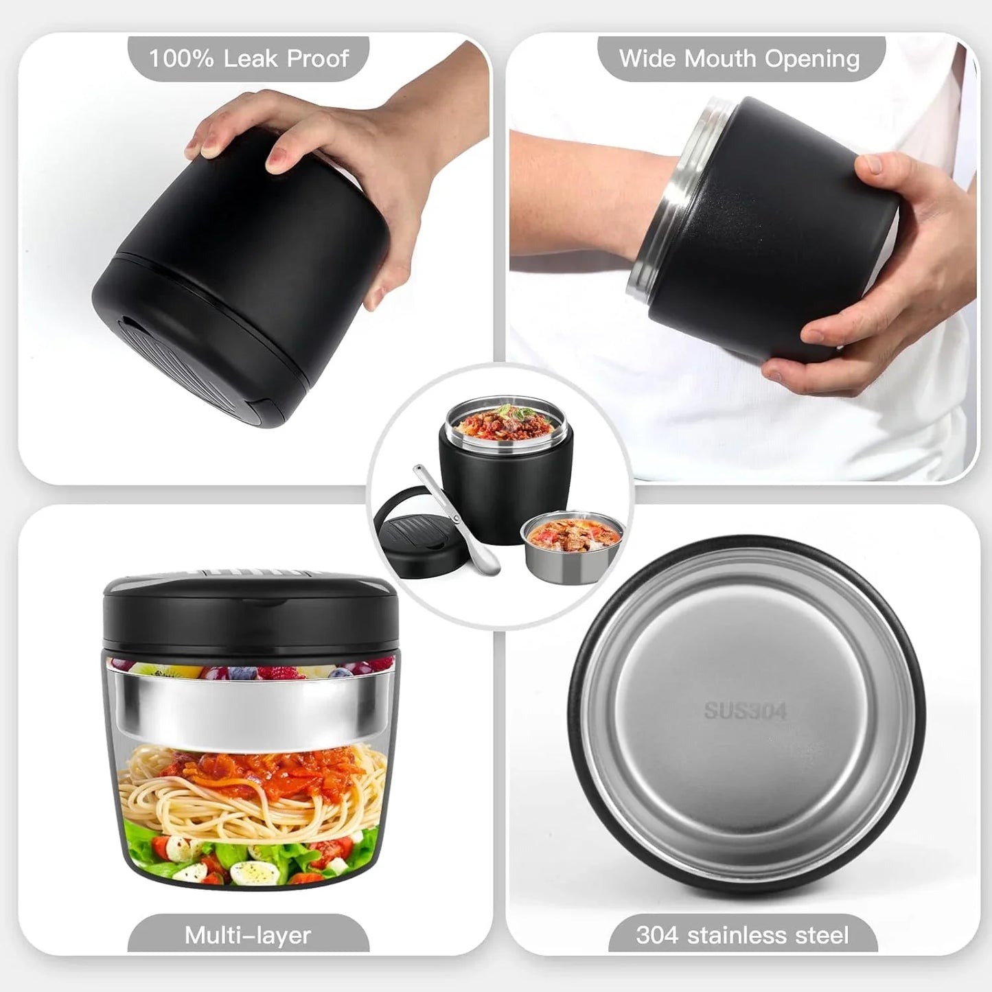 Thermo for Hot Food 40oz, Vacuum Insulated Food Jar for Adults, Stainless Steel Soup Thermo Wide Mouth Leakproof Lunch Containers with Spoon for School Office (Black) - Jlhbookstore.store