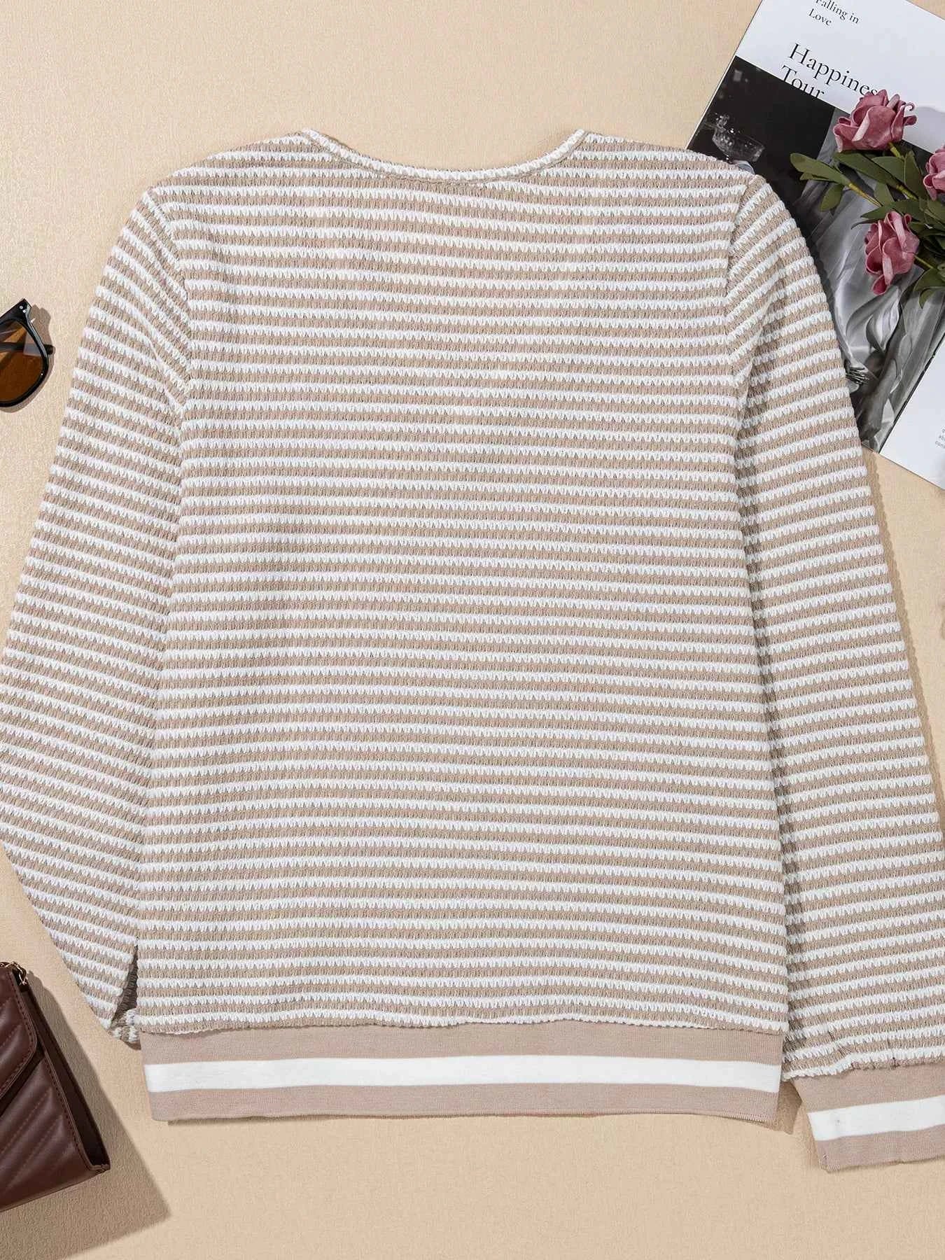 Striped Textured Knit V Neck Top