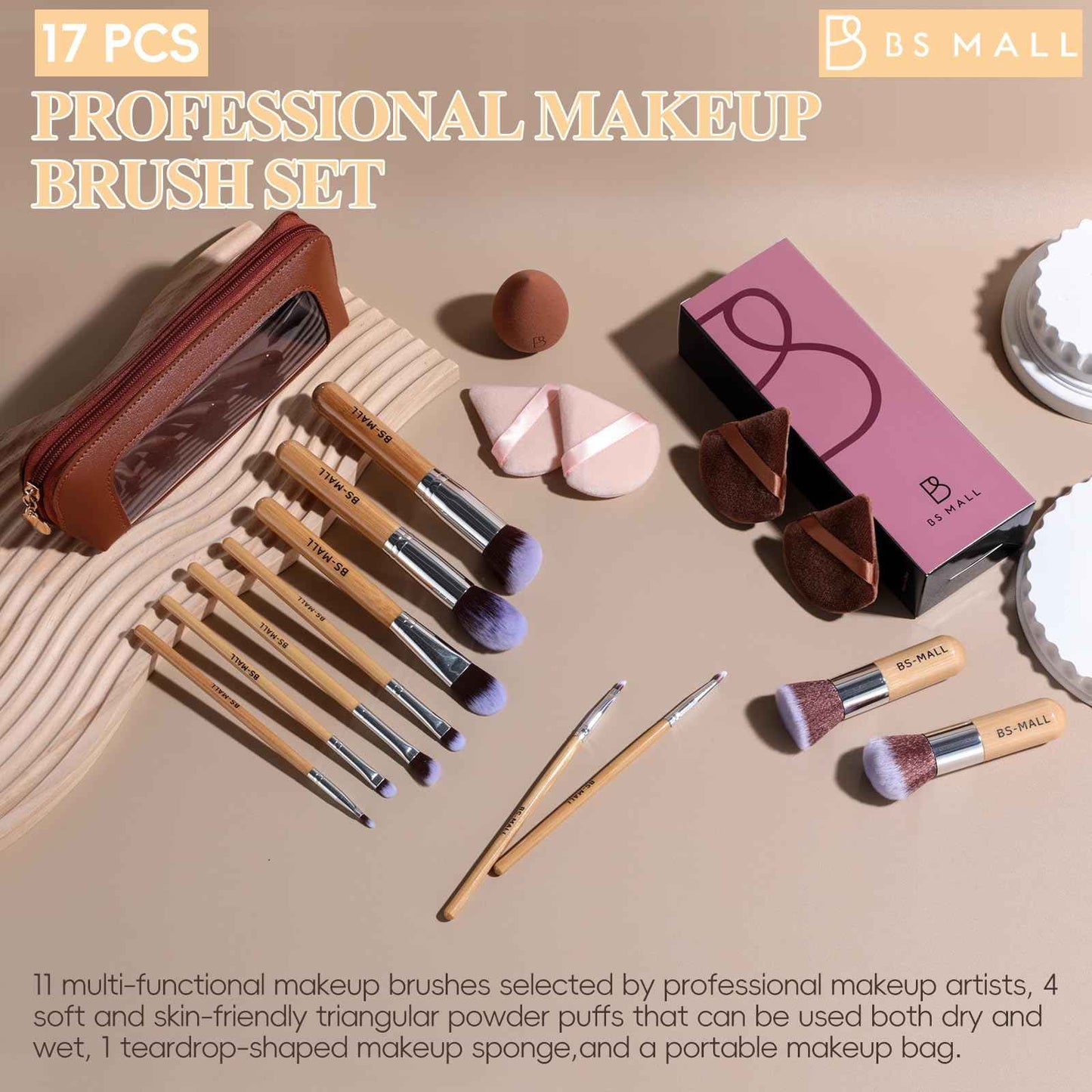 BS-MALL Makeup Brush Set 11Pcs Bamboo Synthetic Kabuki Brush Set Foundation Powder Blending Concealer Eye shadows Blush Cosmetics Brushes with Organizer Bag & Makeup Sponge (Bamboo 11)