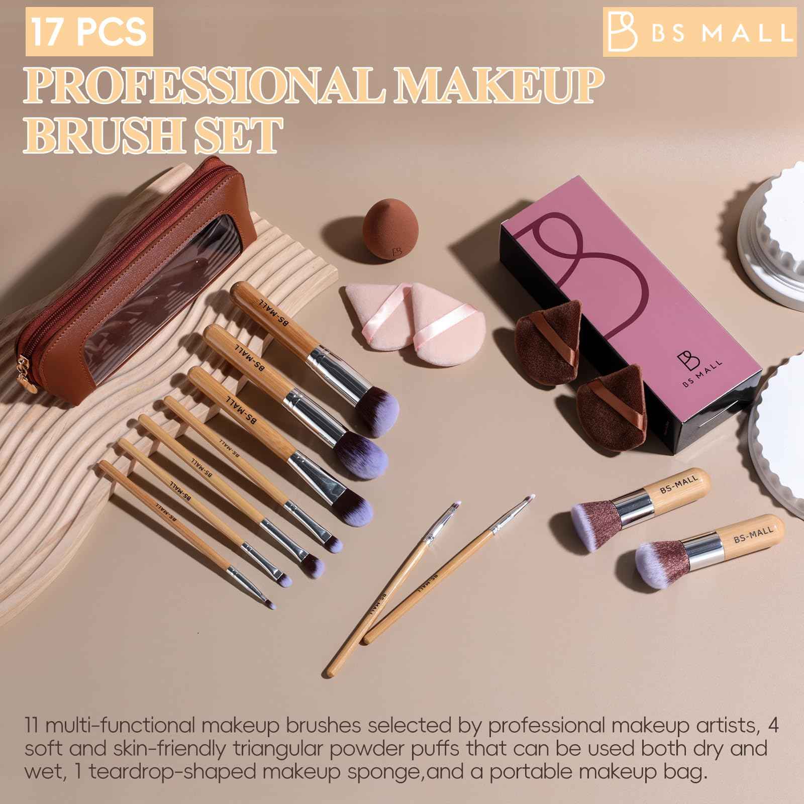 BS-MALL Makeup Brush Set 11Pcs Bamboo Synthetic Kabuki Brush Set Foundation Powder Blending Concealer Eye shadows Blush Cosmetics Brushes with Organizer Bag & Makeup Sponge (Bamboo 11)