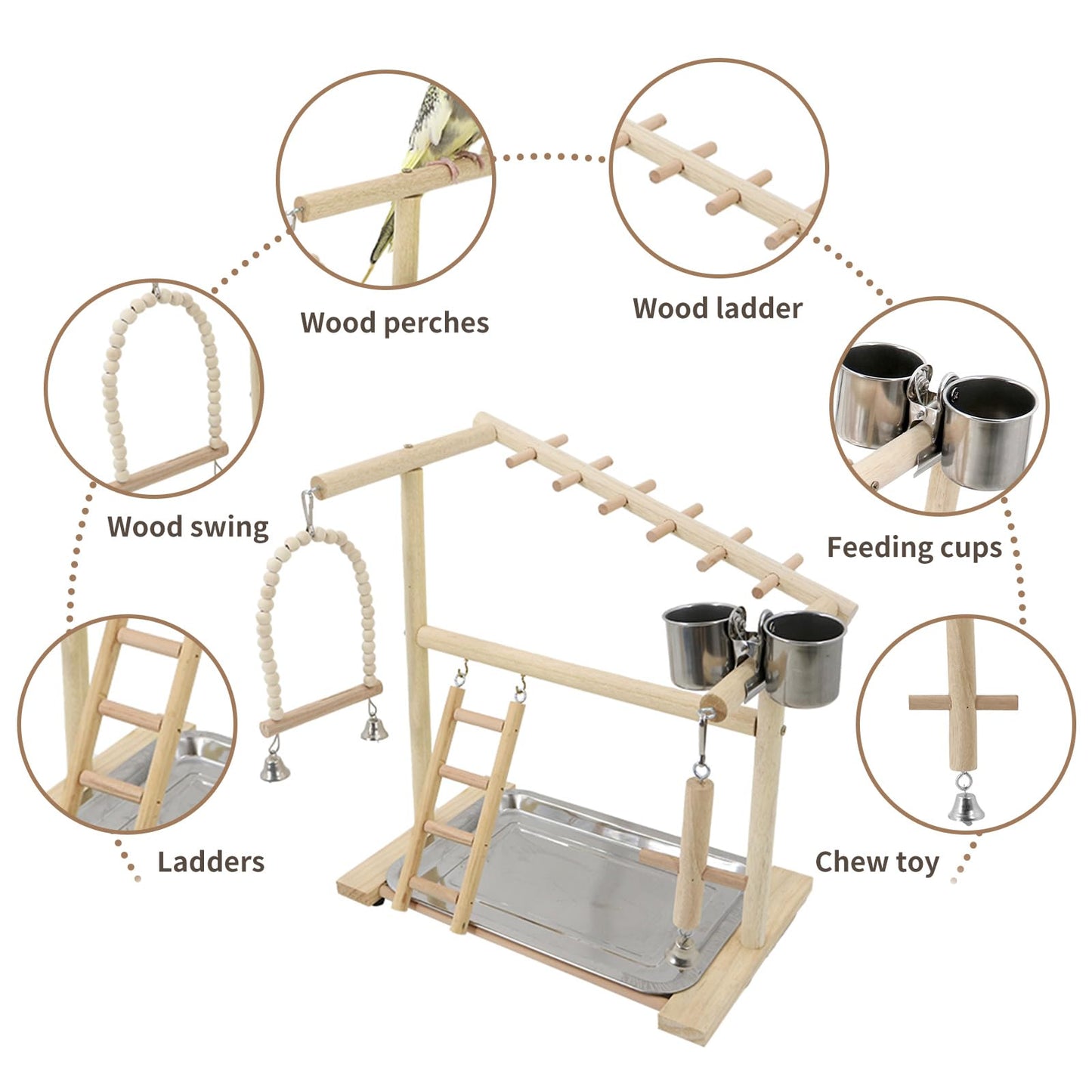 Bird Playground, Parrots Playstand for Small to Medium Birds, Perch Stand with 3 Ladders Playgym with Rope Perch, Swings Feeder Cups Bird Cage Accessories for Conure Cockatiel Lovebirds