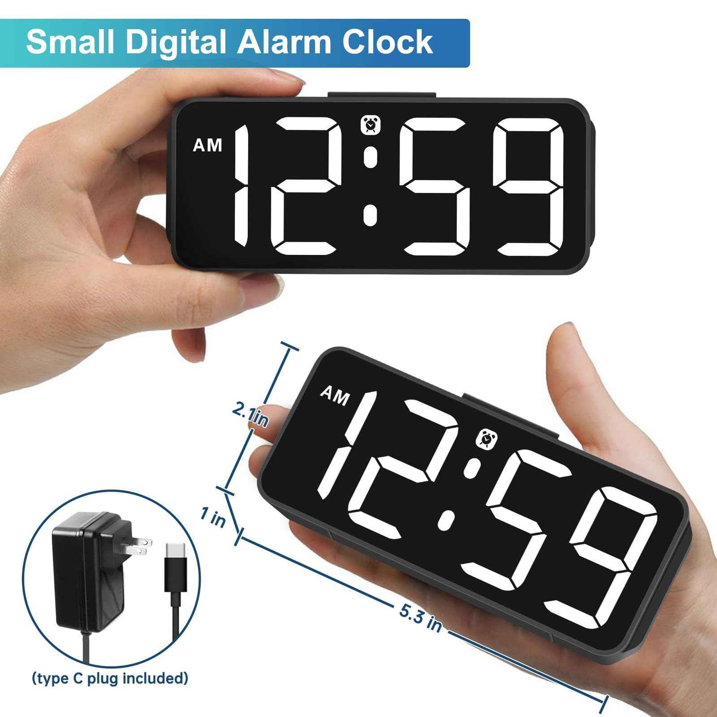 Peakeep Small Digital Alarm Clock Plug in for Bedrooms Bedside, Tiny Electric Clock Large Big Numbers Display with Battery Backup for Desk Table, 6 Dimmers, 5 Adjustable Alarm Volumes (Blue)