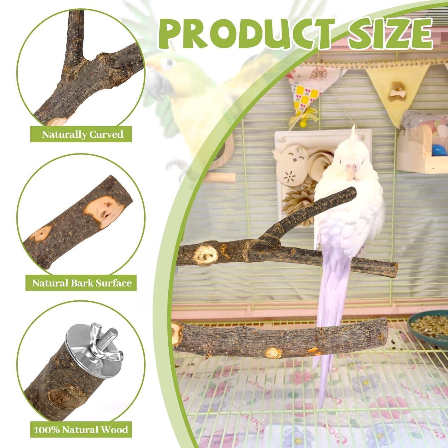 Natural Wood Bird Perches for Cage, Parrot Perch Stand & Platform, Bird Cage Accessories for Parakeets, Cockatiels, Conures, Lovebirds (Brown, Core Perch & Platform - 8PCS)