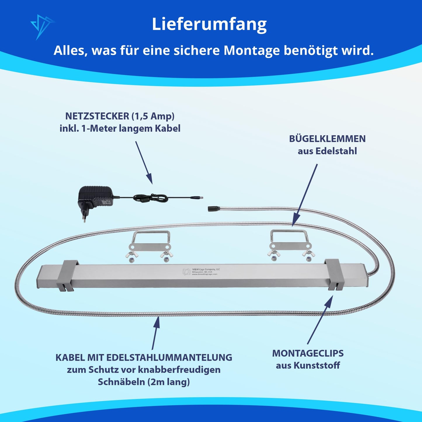 HappyBird Lighting Bird Cage Light with Chew Guard - Full Spectrum LED Pet Light - Simulates Natural Environment - Safe for Hookbill Birds – Easy to Install - (18" Long)