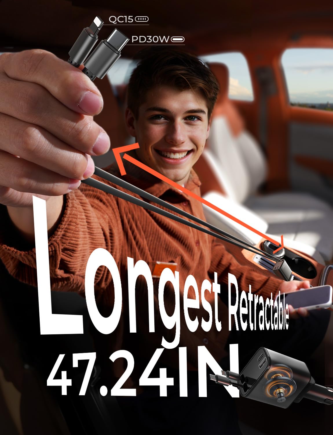 LISEN Retractable Car Charger, Gifts for Men Women, 69W Cars Adapter USB C Fast Charger for iPhoen 17, Car Accessories for Men Women, Gifts for Dad Mom, for iPhone 17 Pro Max Air 16 15 14 13 12 Plus