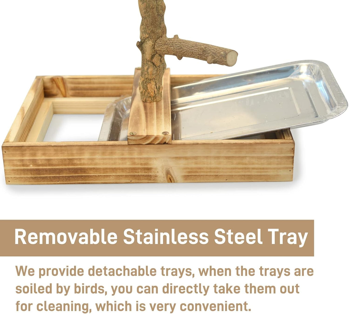 Natural Wood Bird Toys Playground, Bird Cage Accessories, Bird Perches, with Removable Tray and 2 Stainless Steel Cups