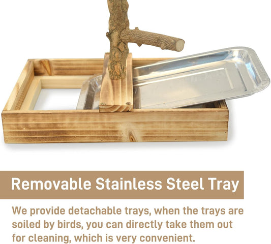 Natural Wood Bird Toys Playground, Bird Cage Accessories, Bird Perches, with Removable Tray and 2 Stainless Steel Cups