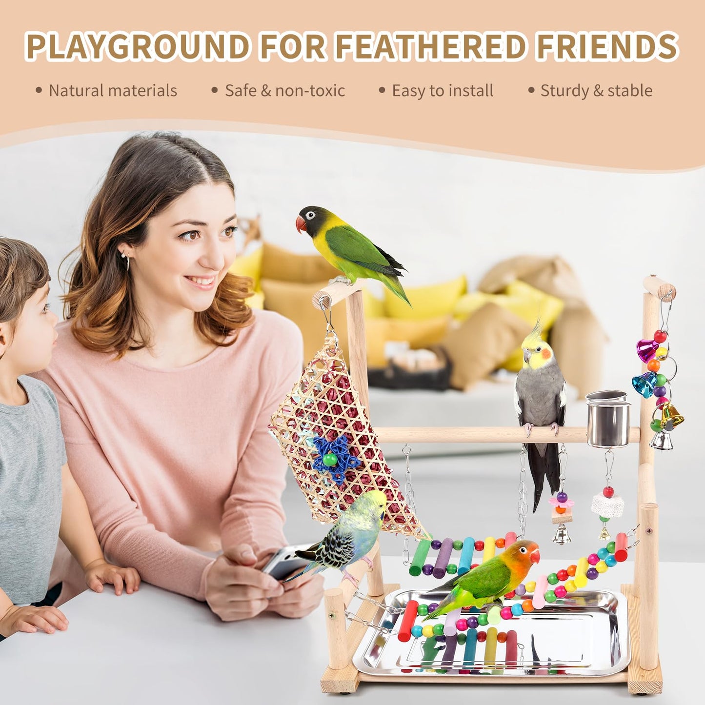 Bird Playground, Parrots Playstand for Small to Medium Birds, Perch Stand with 3 Ladders Playgym with Rope Perch, Swings Feeder Cups Bird Cage Accessories for Conure Cockatiel Lovebirds