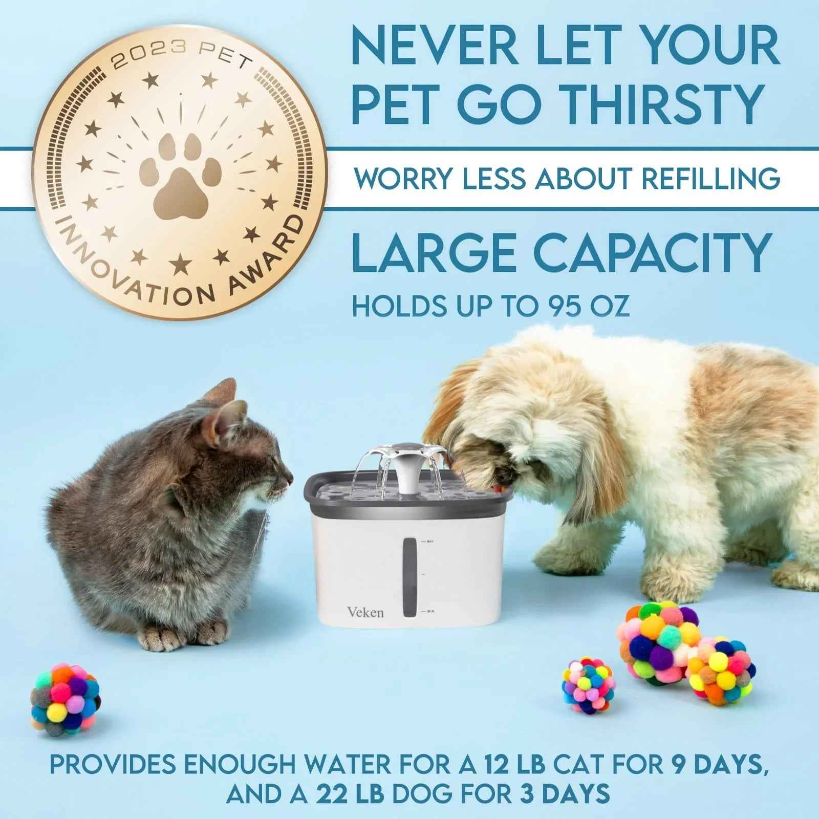 Veken Innovation Award Winner 95oz/2.8L Pet Fountain, Automatic Cat Water Fountain Dog Water Dispenser with Replacement Filters, Gifts for Christmas, Cats, Dogs, Multiple Pets (Grey, Plastic)