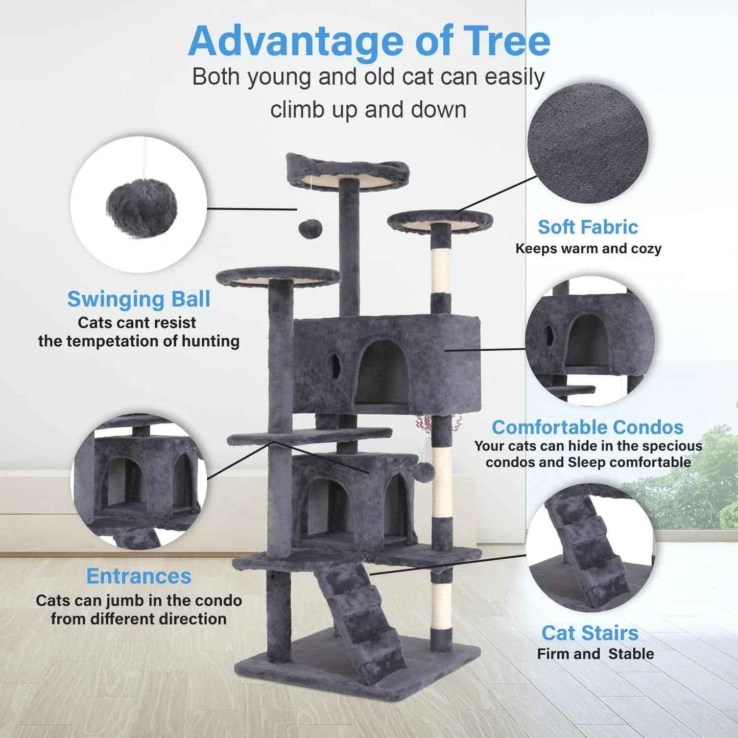 FDW Cat Tree 54in Cat Tower Multi-Level Durable Cat Scratching Post & Cozy Fun Cat Jumping Platform Space Saving Cat Condo Pet Play House for Indoor Cats,Dark Gray