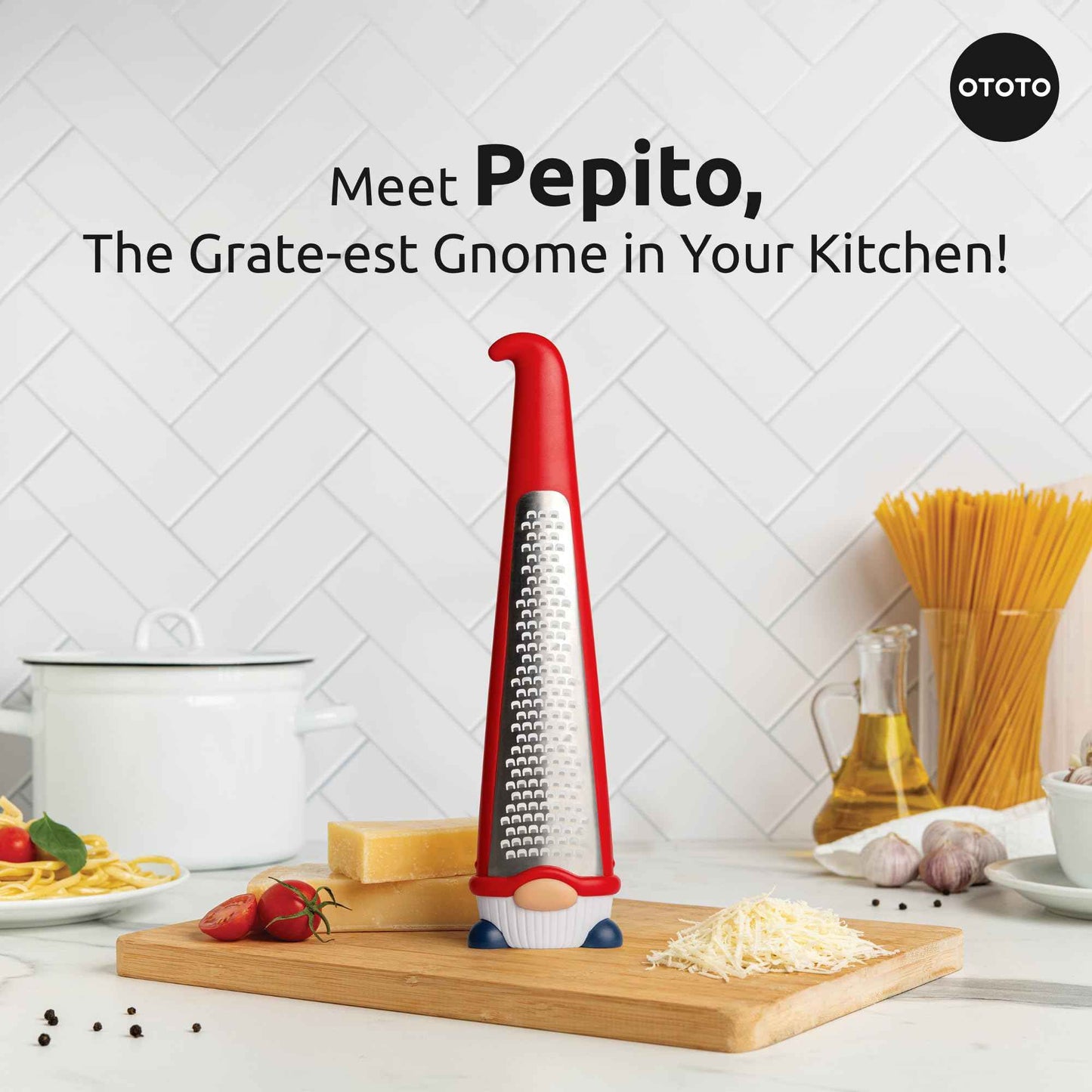 OTOTO Grater - Stainless Steel, BPA Free, Dishwasher Safe, Fun Kitchen Gadget, Vegetable Shredder, Cute Kitchen Gifts & Accessories (Pepito Gnome Grater, Red)