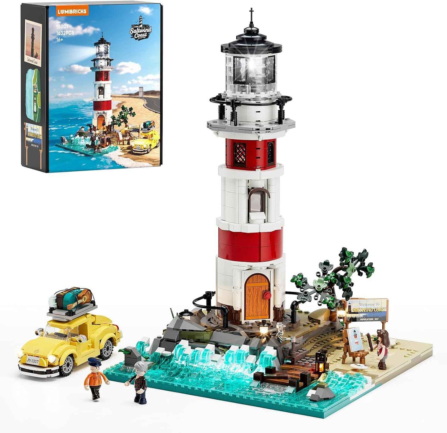 City Sunrise Lighthouse Lighting-Building-Bricks-Set - 1632 Pcs Road Trip Lighthouse Modular Collection LED Light Building Set for Adults and Travelling Enthusiasts
