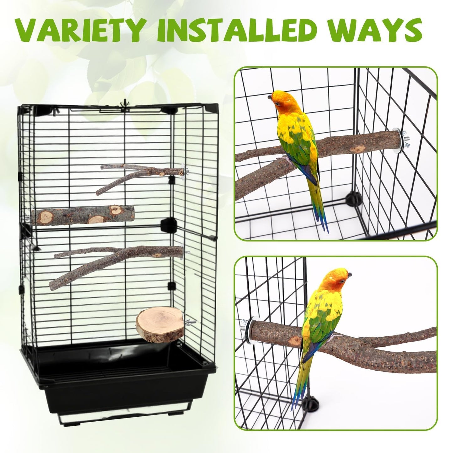 Natural Wood Bird Perches for Cage, Parrot Perch Stand & Platform, Bird Cage Accessories for Parakeets, Cockatiels, Conures, Lovebirds (Brown, Core Perch & Platform - 8PCS)