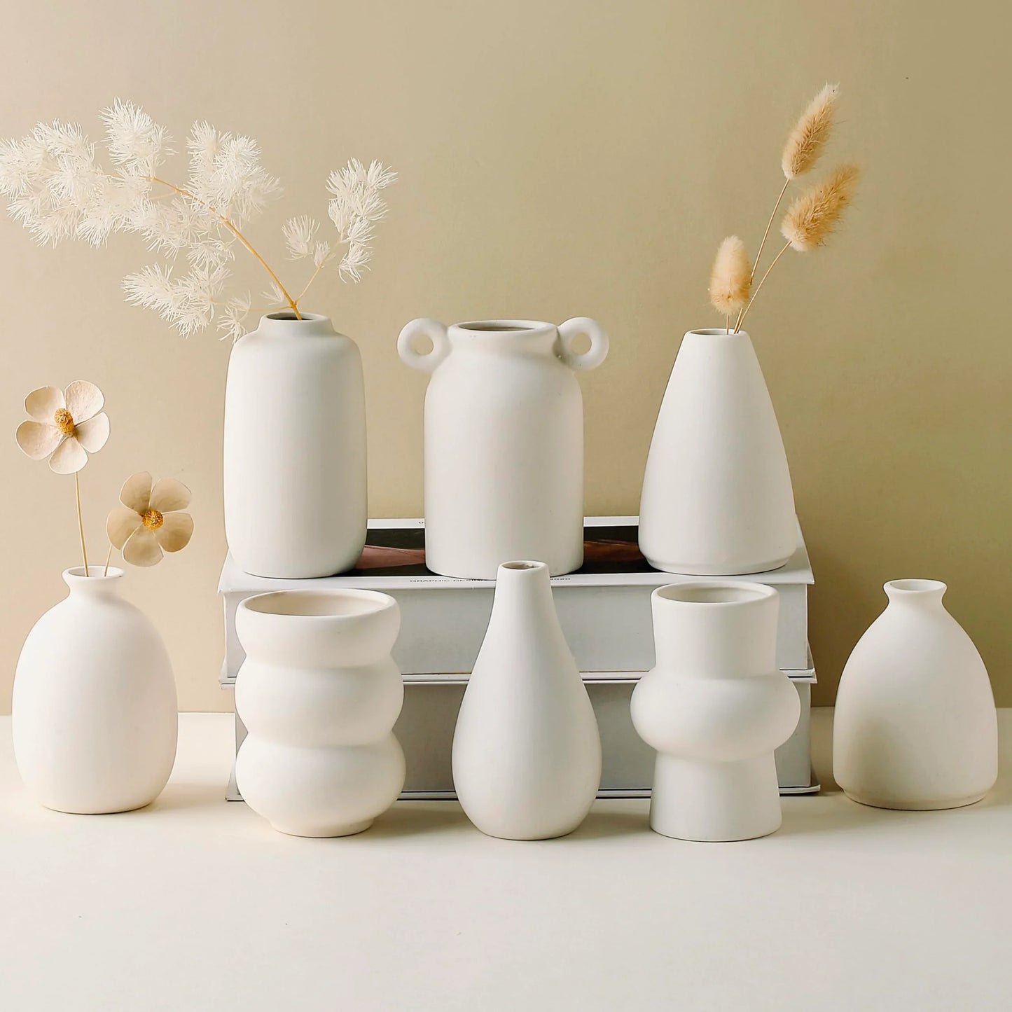 Set of 8 White Ceramic Vases for Dried Pampas Grass Flowers, Aesthetic Boho Modern Decor for Farmhouse Living Room Coffee Table Shelf Fireplace Centerpiece Bedroom Office Desk Home DIY Gifts - Jlhbookstore.store