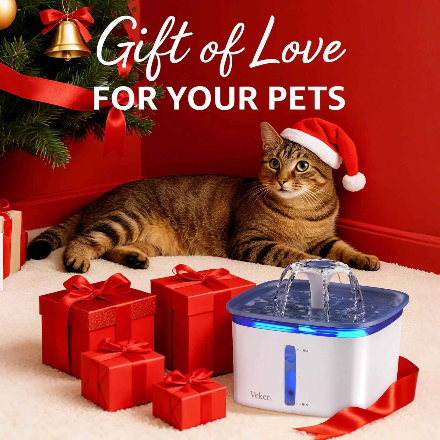 Veken Innovation Award Winner 95oz/2.8L Pet Fountain, Automatic Cat Water Fountain Dog Water Dispenser with Replacement Filters, Gifts for Christmas, Cats, Dogs, Multiple Pets (Grey, Plastic)