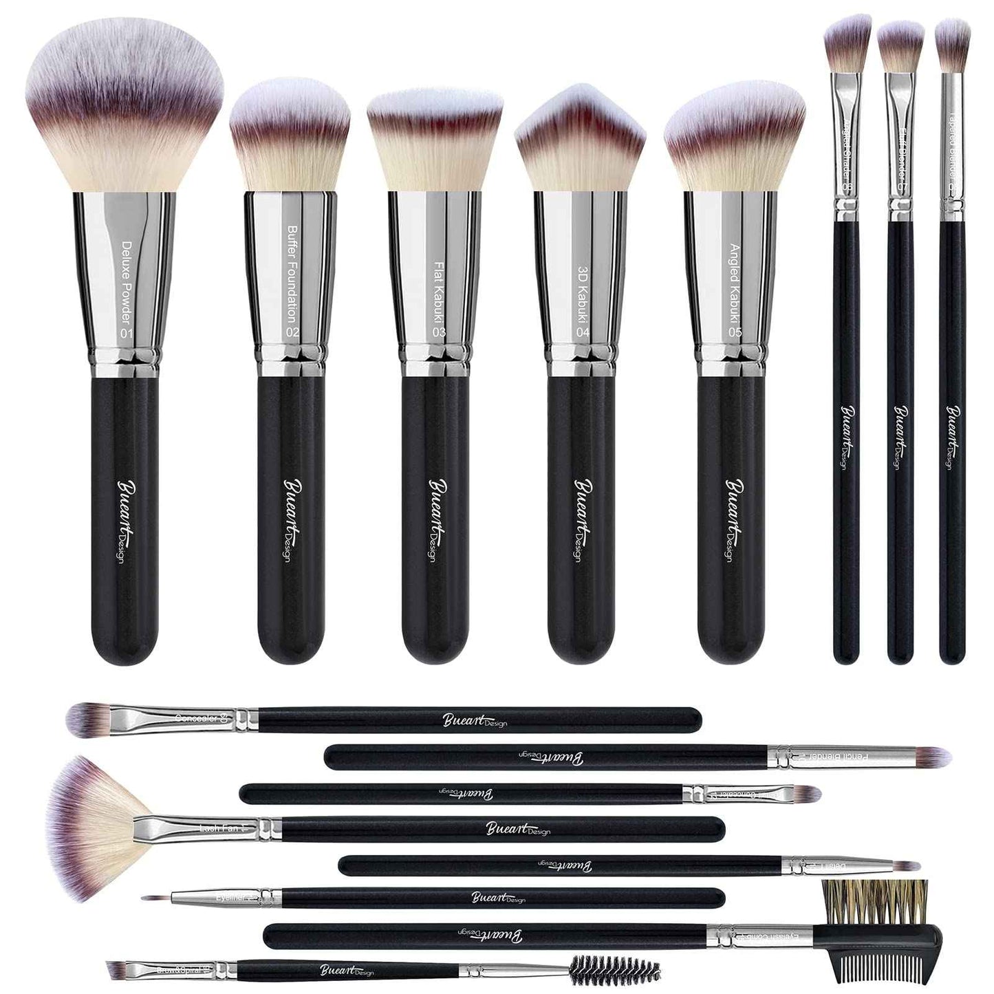 Bueart Design 19Pcs ULTRA SOFT Black labeled DENSE HAIR Makeup Brushes set Contains large powder Flat Foundation Ultimate Blending Make up Brush set Blush Face Brush Concealers contour Eyeshadow