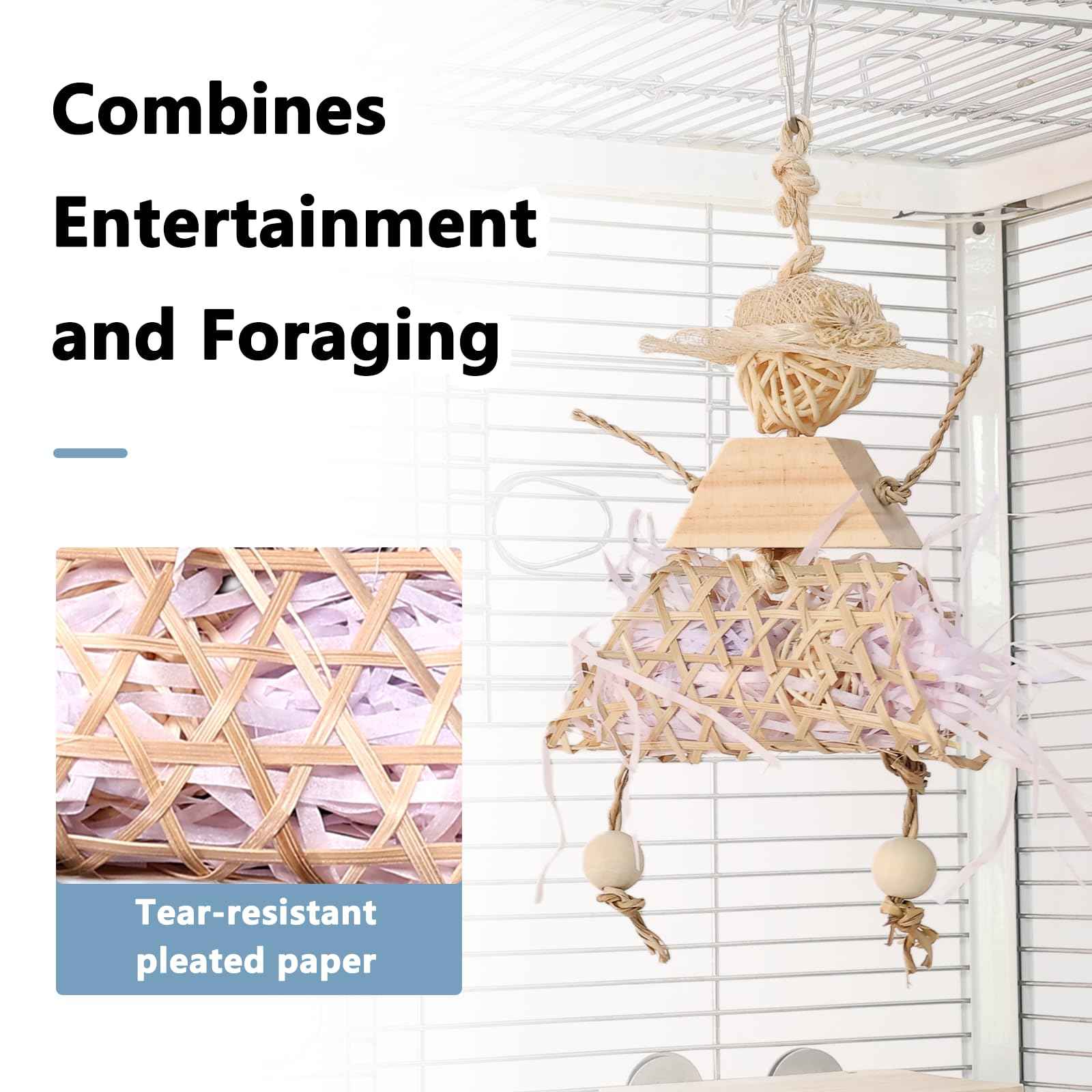 Parrot Chew Toys Set - Natural Wood & Loofah Toys with Plant-Based Dyes, 3 Pack Bird Chew Toys for Cockatiels, Conures & Small Parrots for Cage Enrichment (3 Pieces of Blue Series)