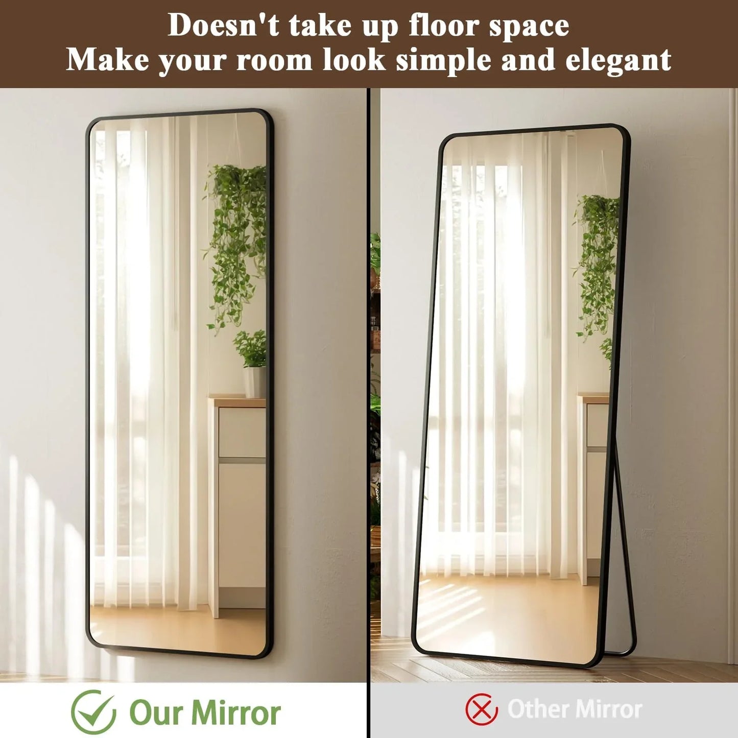 VooBang 14"x48" Full Length Over The Door Mirror - Aluminum Alloy Frame Full Body Mirror with Height-Adjustable Hangers, Hanging Leaning Against Wall for Dorm, Black - Jlhbookstore.store