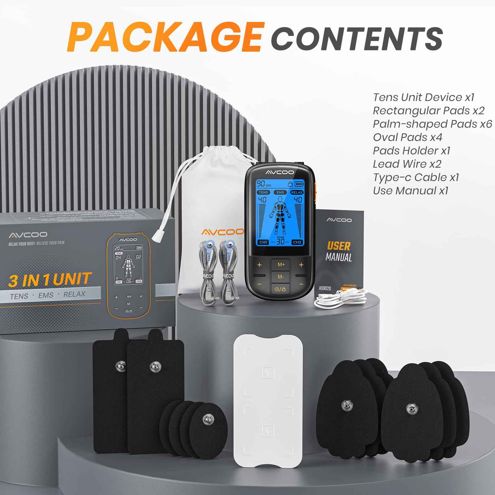 3-in-1 TENS Unit Muscle Stimulator with 30 Modes, 40 Intensities TENS Machine for Gradual Back Pain Relief Therapy, Rechargeable EMS Unit Massager with 12 TENS Electrode Pads, a Storage Bag