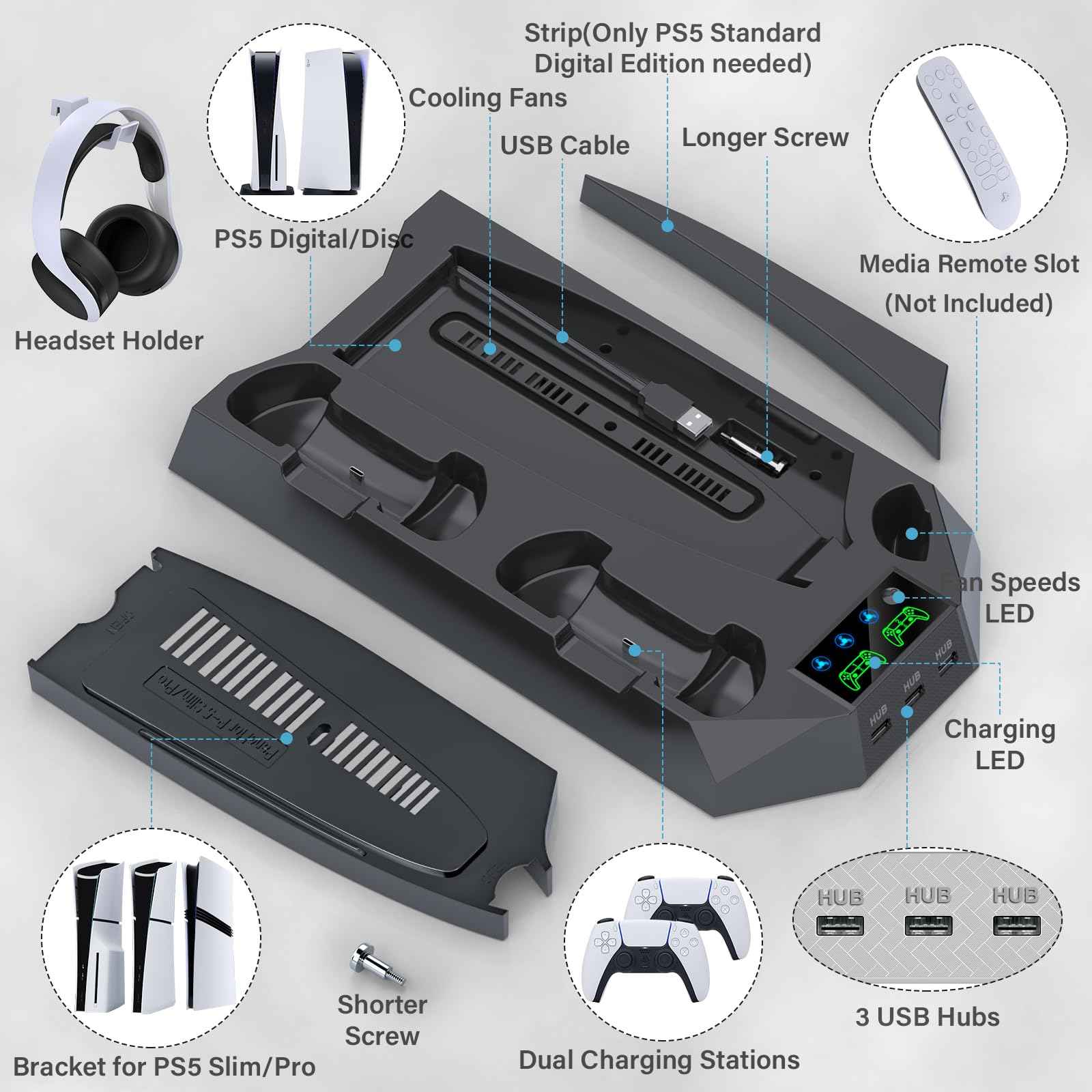 PS5/PS5 Slim/PS5 Pro Stand and Cooling Station with Dual Controller Charging Station for PlayStation 5 Console, PS5 Accessories Incl. Controller Charger, Cooling Fan, Headset Holder, 3 USB Hub, White