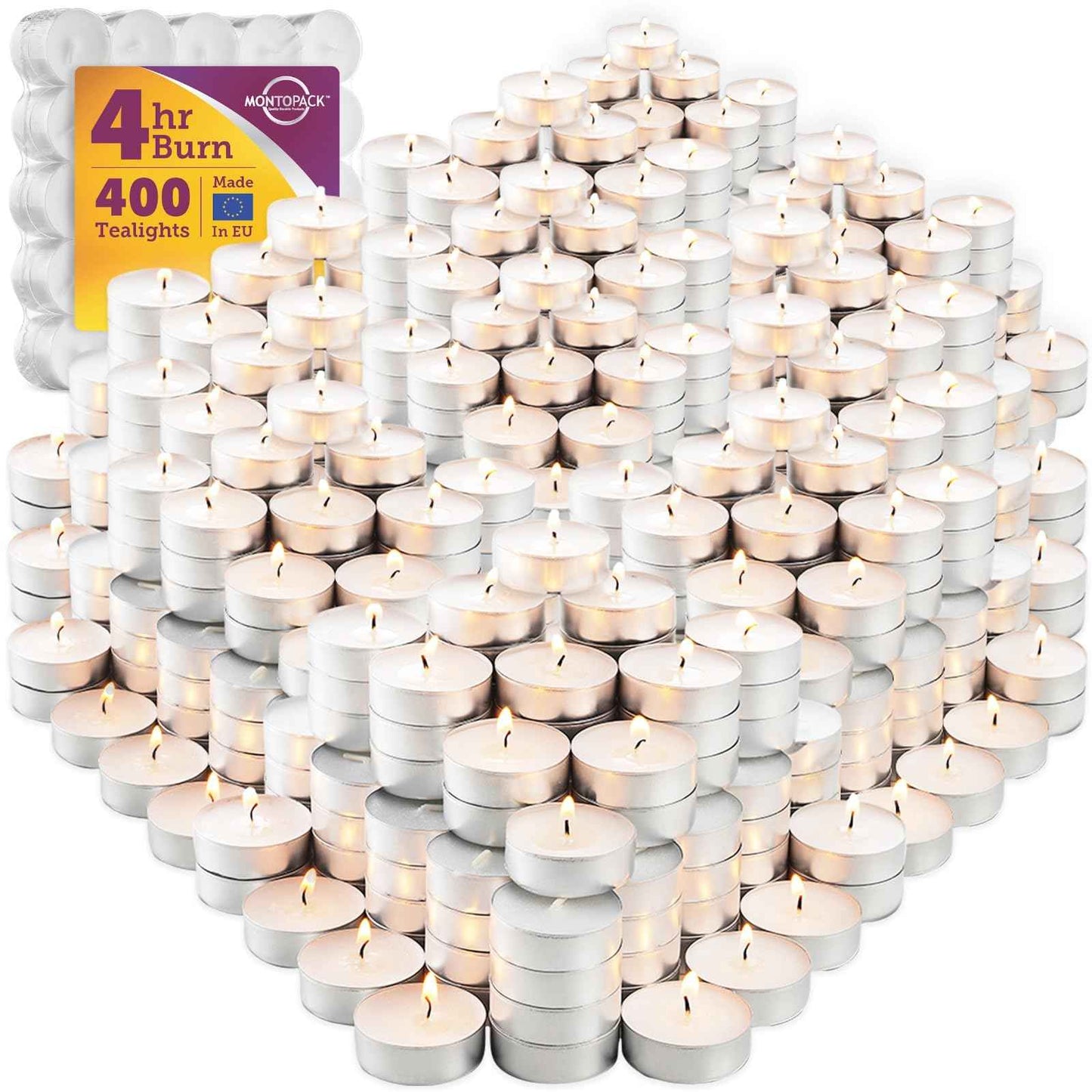 MontoPack Unscented Tea Light Candles 100 Pack | 4 hours, White, Smokeless, Dripless Small Votive Paraffin Tealights | Long-Lasting for Home, Shabbat, Weddings, Events, Emergencies | Mini Candles Bulk