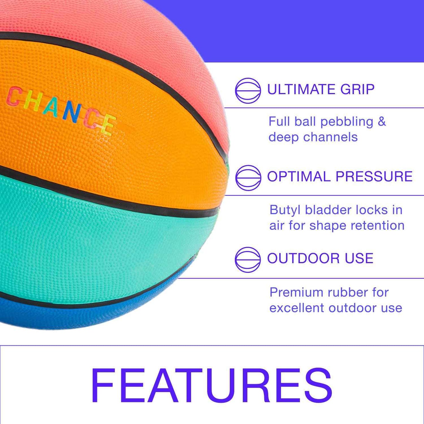 Chance Premium Design Printed Rubber Outdoor & Indoor Basketball, Juicy Multi Colored