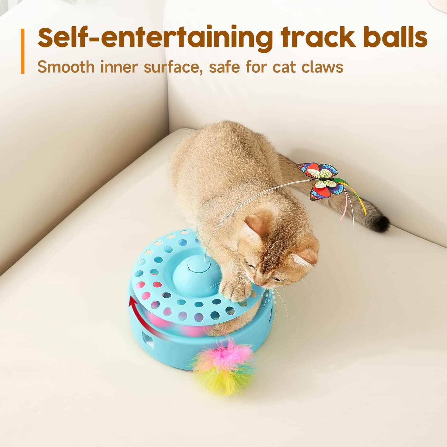 Potaroma Cat Toys 3in1 Automatic Interactive Kitten Toy, Fluttering Butterfly, Moving Feather, Track Balls, Dual Power Supplies, USB Powered, Indoor Exercise Kicker (Bright White)