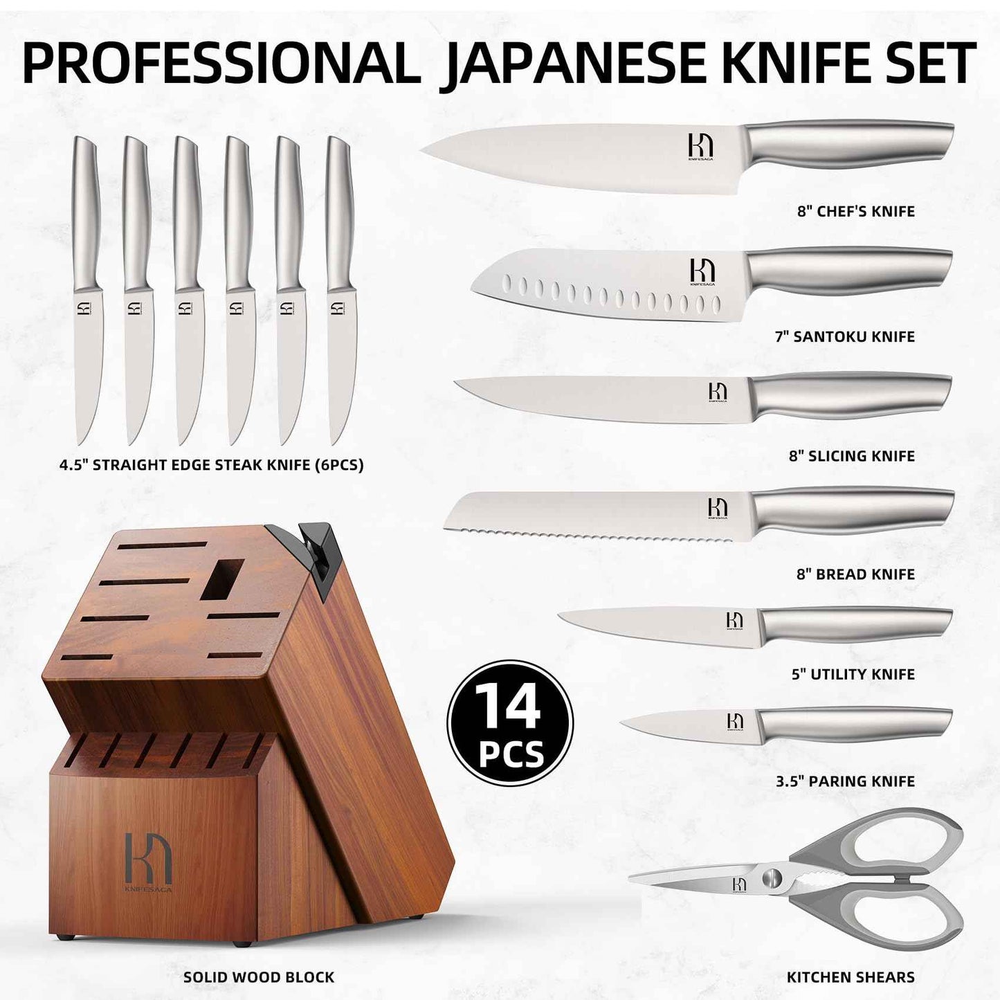 Knife Set Premium, Japanese 14 Pcs Kitchen Knife Block Set Enduring Razor Sharp High Carbon Stainless Steel, Black Chef Knives Set with Built-in Sharpener and Quality Acacia Wood Block