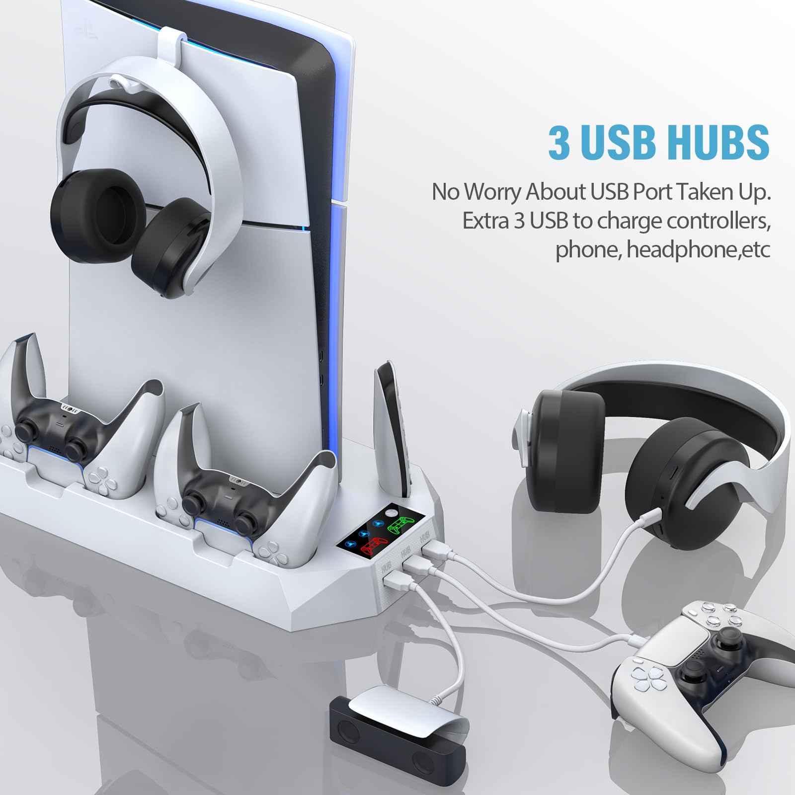 PS5/PS5 Slim/PS5 Pro Stand and Cooling Station with Dual Controller Charging Station for PlayStation 5 Console, PS5 Accessories Incl. Controller Charger, Cooling Fan, Headset Holder, 3 USB Hub, White