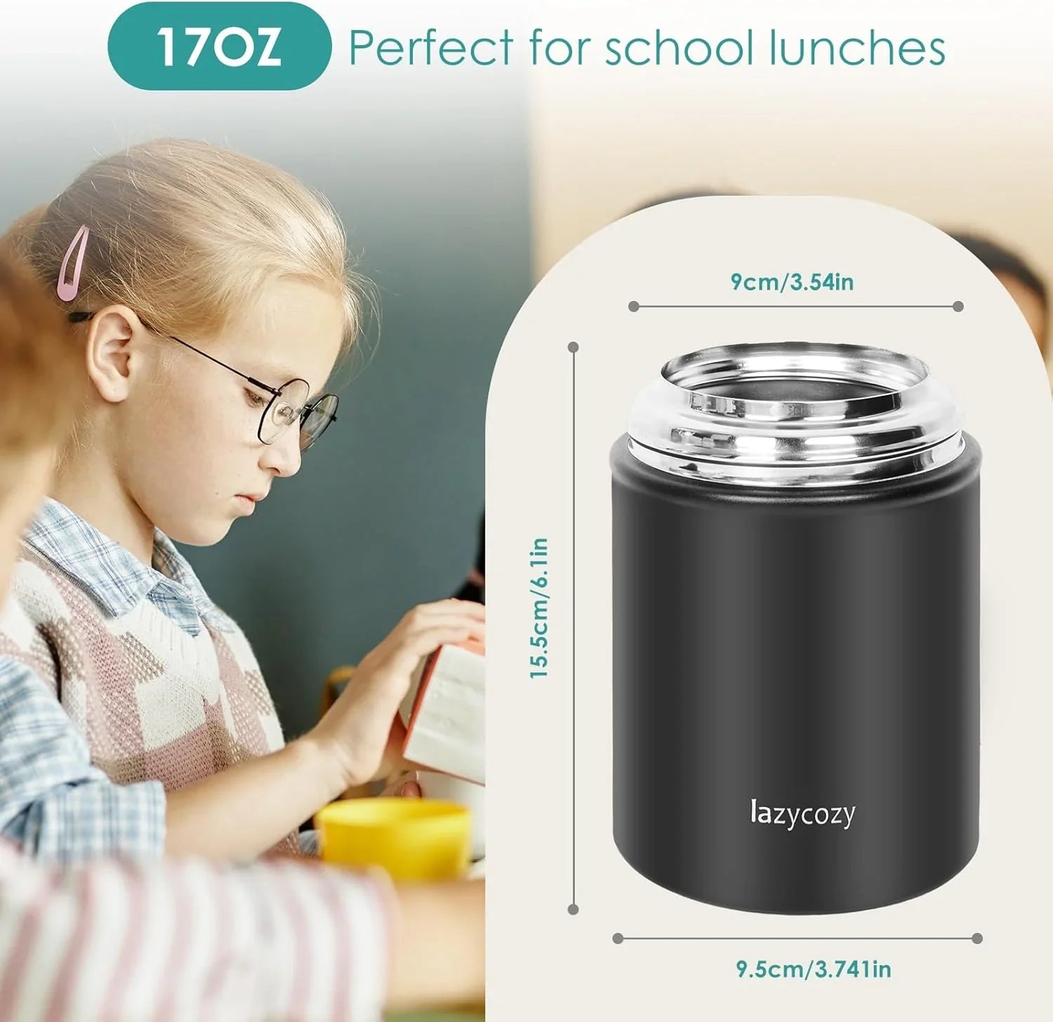 lazycozy® Thermos Food Containers for Hot Food, 17 oz, Soup Thermos with Foldable Spoon, Stainless Steel Vacuum Portable Insulated Food Jar, Leak-Proof, Keep Warm/Cold for 12 Hours, for Travel, Work - Jlhbookstore.store