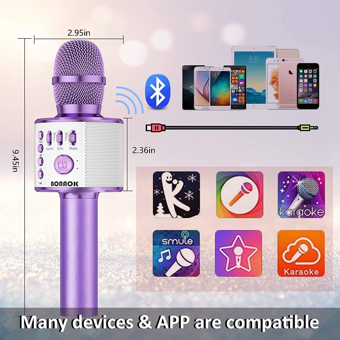 BONAOK Wireless Bluetooth Karaoke Microphone, Portable Toy Microphone for Singing, Gifts to Girls Boys Kids Adults All Age Q37（Bright Purple） jlhbookstore.store